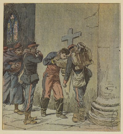 In der Kirche von Villiers teilen sich die durstenden französischen Gefangenen das Wasser eines Weihbeckens von after Louis Charles Bombled