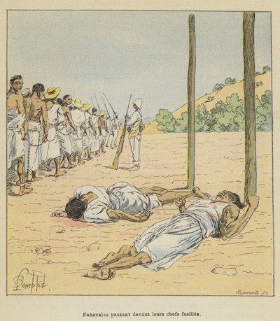 Fahavalos passieren ihre erschossenen Anführer von after Louis Charles Bombled