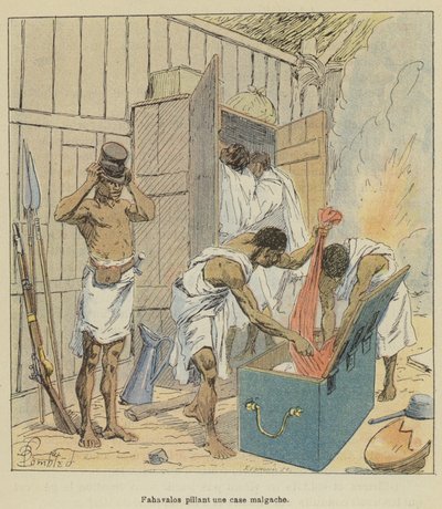 Fahavalos plündern ein madagassisches Haus von after Louis Charles Bombled