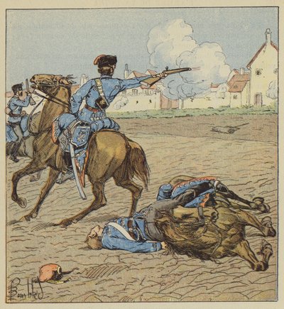 Preußische Husaren greifen ein Dorf an von after Louis Charles Bombled