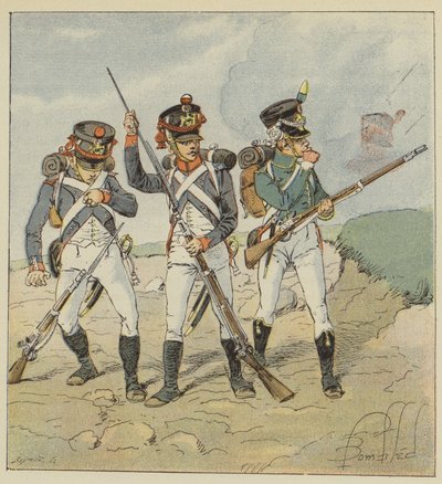 Junge Garde, 1806, Rekrut-Grenadier, Scharfschützen-Grenadier, Flankeur-Jäger von after Louis Charles Bombled