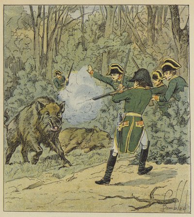 Der Kaiser jagt Wildschweine im Wald von Marly von after Louis Charles Bombled