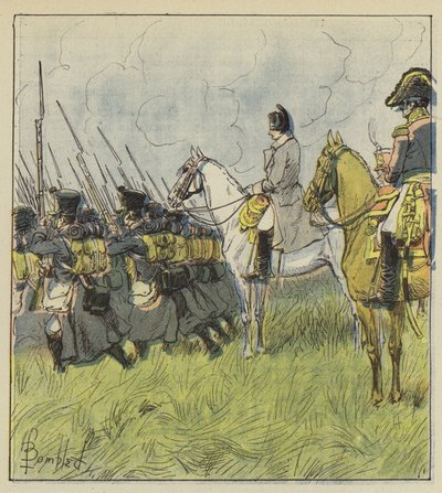Der Kaiser betrachtet seine Rekruten in der Schlacht von after Louis Charles Bombled