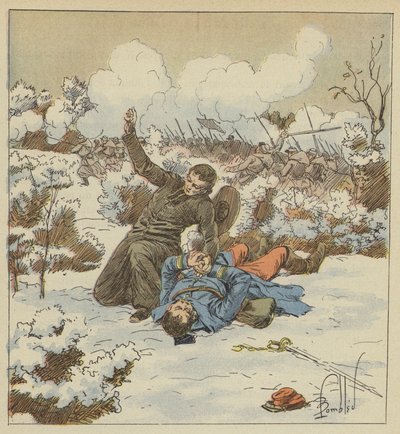 Abbé Fouqueray, Bruder eines päpstlichen Zuaven, wird auf dem Körper von Hauptmann de Bellevue getötet von after Louis Charles Bombled