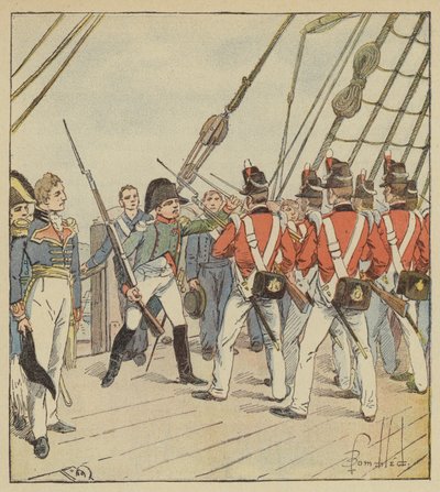 Der Kaiser befiehlt den Soldaten der Bellerophon Übungen von after Louis Charles Bombled