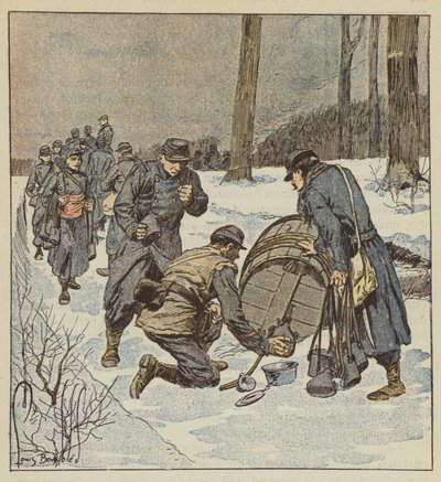 Die Soldaten der Marineinfanterie füllen ihre Flaschen mit Rum aus einem Fass von after Louis Charles Bombled