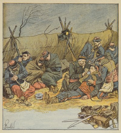 Die Soldaten improvisieren Unterstände, da sie nicht mehr im Zelt bleiben können von after Louis Charles Bombled