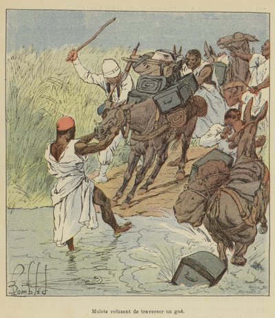 Maultiere verweigern die Durchquerung einer Furt von after Louis Charles Bombled