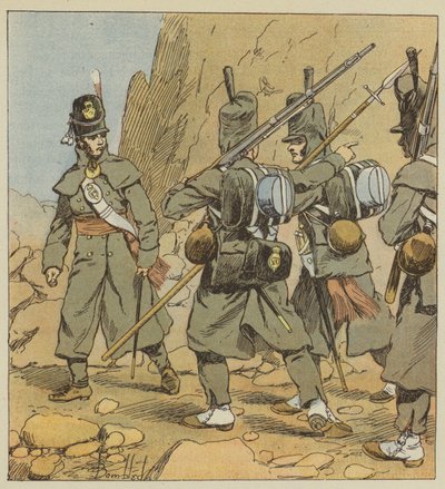 Englische Soldaten des 1. Garderegiments zu Fuß, in Marschuniform, Spanien, 1814 von after Louis Charles Bombled