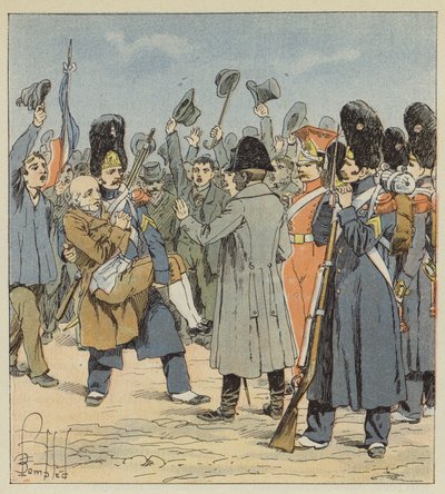 Ein Grenadier von der Insel Elba bringt Napoleon seinen hochbetagten Vater, indem er ihn in seinen Armen trägt von after Louis Charles Bombled