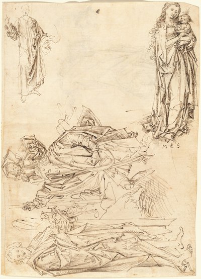Heiliger Christophorus, Heiliger Johannes der Täufer, die Jungfrau und das Kind, und Christus segnet (recto) von after Martin Schongauer Master of the Drapery Studies
