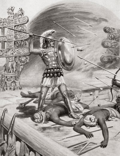 Alexander der Große kämpft gegen die Assacani in der befestigten Stadt Massaga, Indien während seines Indienfeldzugs im Jahr 326 v. Chr., aus Hutchinsons Geschichte der Nationen, veröffentlicht 1915 von after Robert Dudley