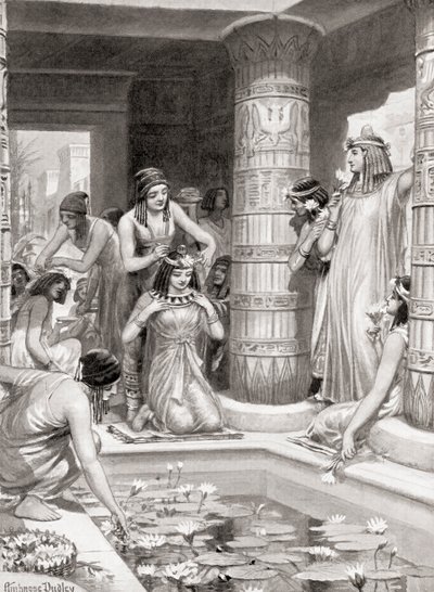 Gäste, die zum Abendessen im alten Ägypten ankamen, erhielten Wasser, um ihre Füße und Hände zu waschen, wurden mit duftendem Öl gesalbt und mit Blumenkränzen gekrönt, aus Hutchinsons Geschichte der Nationen, veröffentlicht von after Robert Dudley