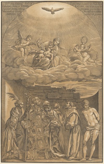 Die Jungfrau und das Kind in den Wolken mit sechs Heiligen von after Titian John Baptist Jackson