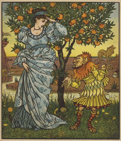 Der gelbe Zwerg rettet die Prinzessin vor den Löwen von after Walter Crane