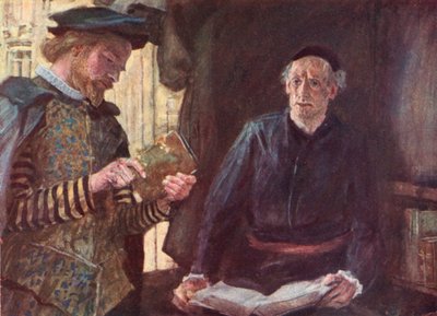 Shakespeare kauft ein Buch an einem Buchstand im Kirchhof von St. Pauls, London von after William Hatherell