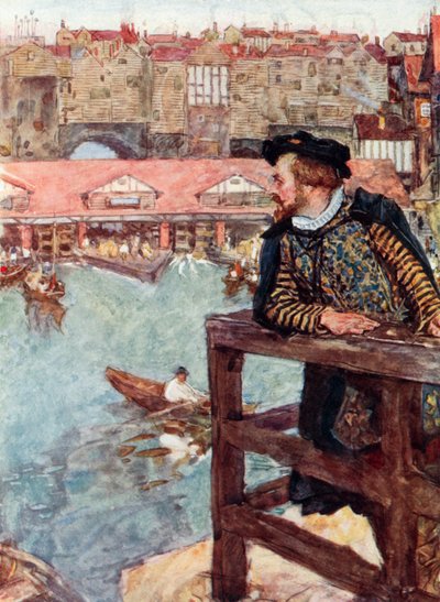 Shakespeare betrachtet die Wassermühlen unterhalb der London Bridge von after William Hatherell