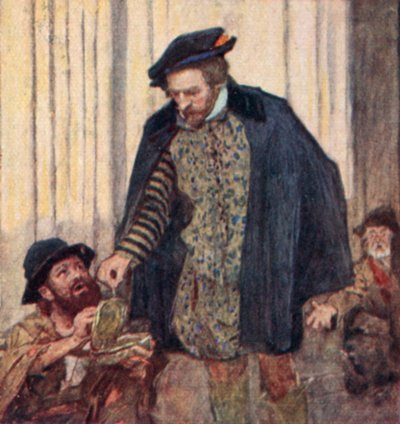 Shakespeare gibt einem Bettler einen Penny von after William Hatherell