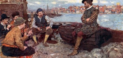 Shakespeare spricht mit einigen von Raleighs Männern, die von der spanischen Hauptinsel zurückgekehrt sind von after William Hatherell
