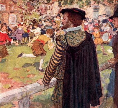 Shakespeare beobachtet Jungen und Mädchen, die in der Nähe von Temple Bar, London, Räuber und Gendarm spielen von after William Hatherell