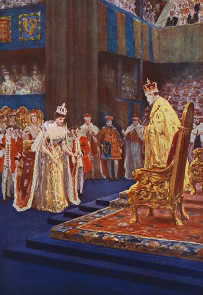 Königin Alexandra verneigt sich vor König Edward VII. auf dem Weg zu ihrem Thron von after William Henry Margetson