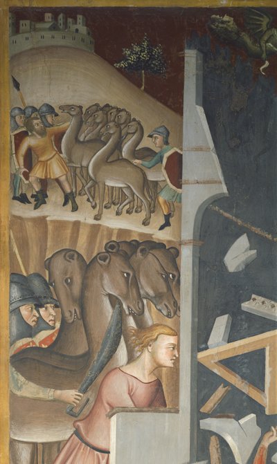 Szene aus dem Alten Testament: Die Zerstörung des Hauses von Hiob und der Diebstahl seiner Herde durch die Sabäer von also Manfredi de Battilori Bartolo di Fredi