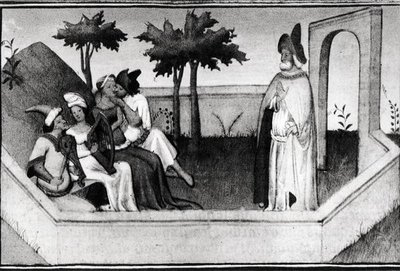 Ms Fr 2810 Wie der alte Mann aus den Bergen die Anhänger im Garten empfing, aus dem Livre des Merveilles du Monde, ca. 1410-12 von and workshop Boucicaut Master