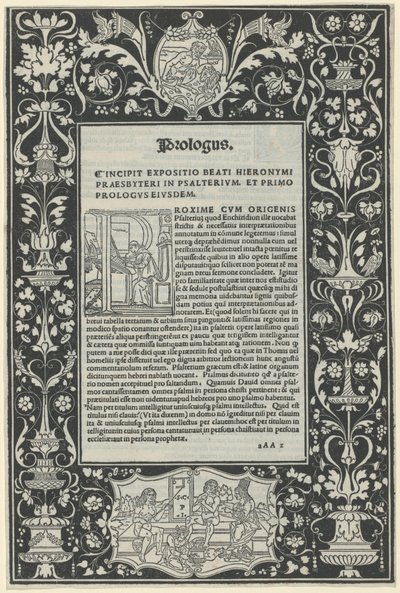 Ein weißer Linienrahmen mit zwei Kartuschen: "Ein Satyr opfert einen Widder" und "Die Wahl des Herkules" von attributed to Benedetto Bordon