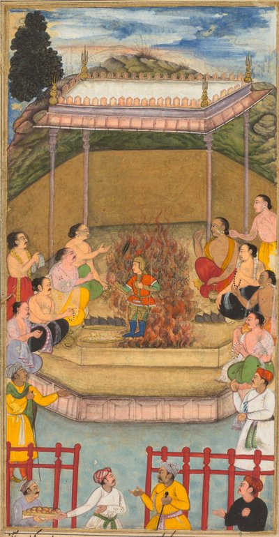 Yaja und Upayaja führen ein Opfer durch, damit Dhrishtadyumna aus dem Feuer hervorgeht, aus dem Adi-parva (Band eins) des Razm-nama (Buch der Kriege), adaptiert und ins Persische übersetzt von Mir Ghiyath al-Din Ali Qazvini, bekannt als Naqib Khan (Perser, von attributed to Bilal Habshi (probably Ethiopian, active late 1500s)