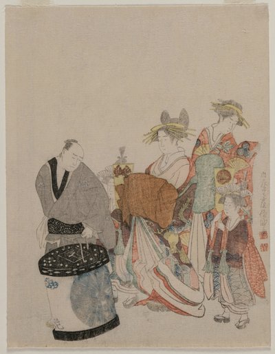 Kurtisane in der Stadt mit Begleitern bei Nacht von attributed to Kubo Shunman
