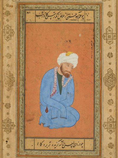 Porträt eines knienden heiligen Mannes, aus dem Prince Salim Album von attributed to Mir Sayyid Ali (Persian, active in India