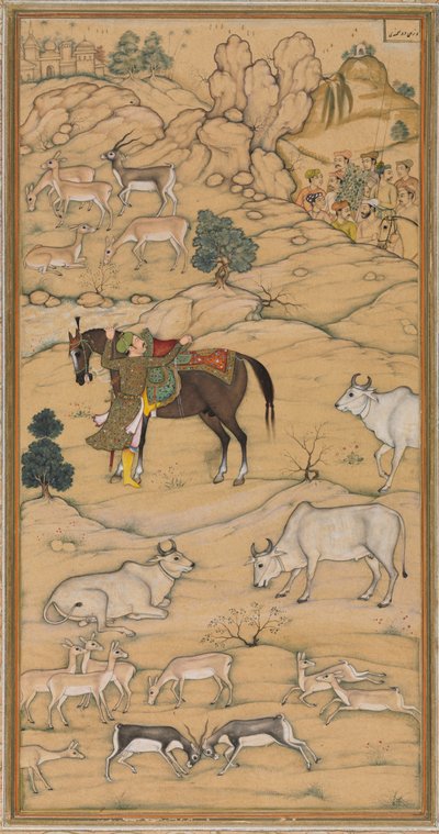 Akbar besteigt sein Pferd; Seite aus dem Chester Beatty Akbar Nama (Geschichte von Akbar) von attributed to Sur Das Gujarati