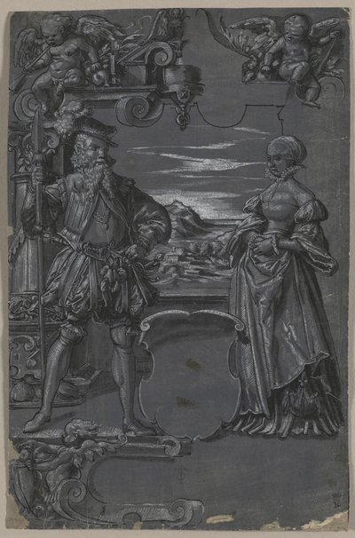 Entwurf für Glasmalerei: Mann und Frau in architektonischer Umgebung von attributed to Tobias Stimmer
