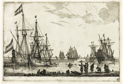 Vier Segelschiffe in einem Wellenbrecher, aus Dreizehn Marineszenen von called Zeeman Reinier Nooms