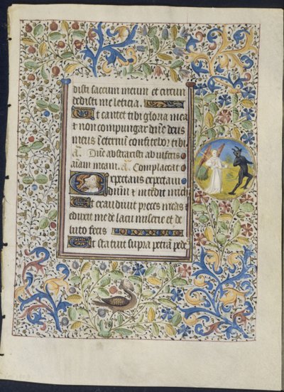 Blatt aus einem Stundenbuch: Engel jagt einen Teufel (recto) von circle of Coëtivy Master