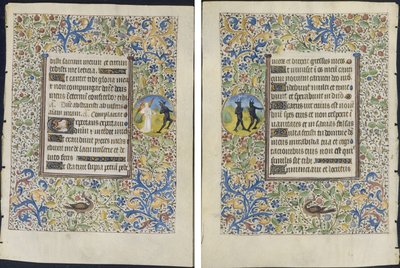 Blatt aus einem Stundenbuch: Engel jagt einen Teufel (recto) und Zwei Teufel (verso) von circle of Coëtivy Master