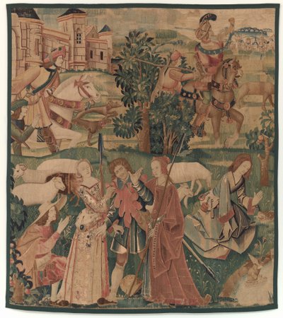 Jagdszenen und pastorale Szenen mit einem lachenden Mann zwischen Damen von design probably French 16th Century, Paris; woven in southern Netherlands or Paris in an undetermine workshop