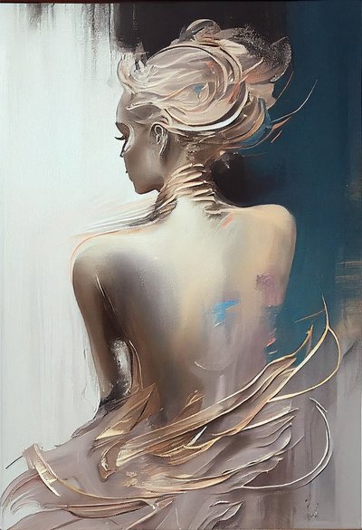 Eine bekleidete Frau, die von hinten sitzt, Silhouettenmalerei von F. Abderrahim