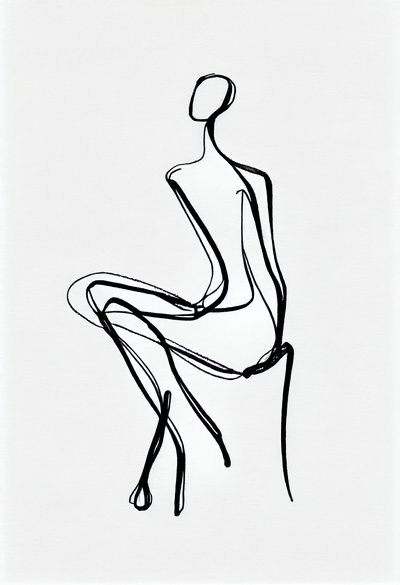 Sitzende Frau, Einlinienzeichnung Silhouette von F. Abderrahim