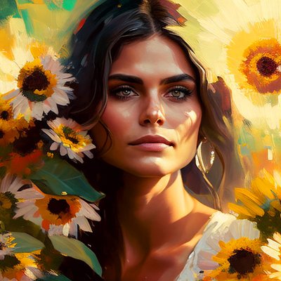 Abstraktes schönes mexikanisches Frauenporträt mit Sonnenblumen von F. Abderrahim