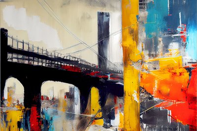 Abstrakte Brückenleinwandmalerei, Blau & Orange von F. Abderrahim