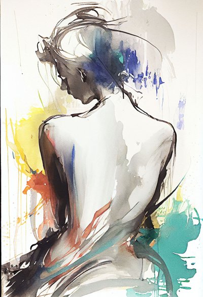 Aquarellzeichnung, die eine sitzende Frau von hinten darstellt von F. Abderrahim