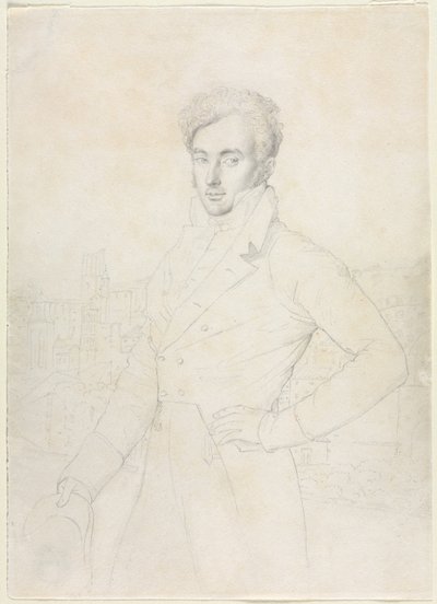 Porträt eines jungen Mannes, der auf dem Quirinal steht, mit der Turris Comitum im Hintergrund von follower of Jean Auguste Dominique Ingres