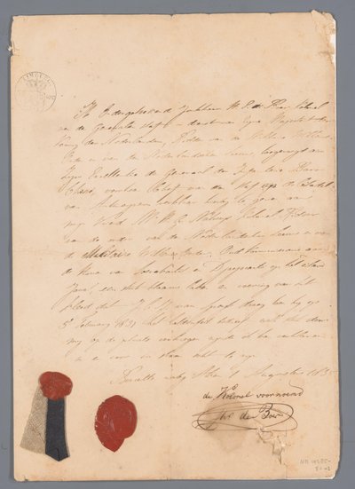 Stück Stoff von der Uniformjacke von J.C.J. van Speyk mit angehängten Herkunftsnachweisen von jonkheer H. E. de Boer