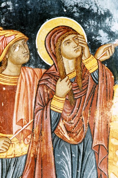 St. Longinus und Maria, Kreuzigungsszene, Fresko im Mikro Sotiris Kloster, Symi Insel, Griechenland (Foto) von Theodore Charles Ange Coquelin