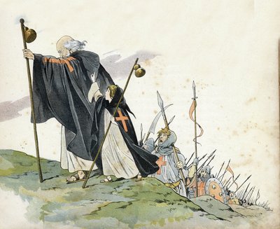 Erster Kreuzzug: Peter der Einsiedler (1050-1115) führt den Kreuzzug mit dem Ruf „Gott will es!“. Er trägt einen Mantel, schlägt mit einem Kreuz und hält eine Pilgerbulle. Ein kleines Mädchen, das Frankreich symbolisiert, begleitet ihn. in „Frankreich, ihr von pseudonym for Onfray de Breville Jacques Job