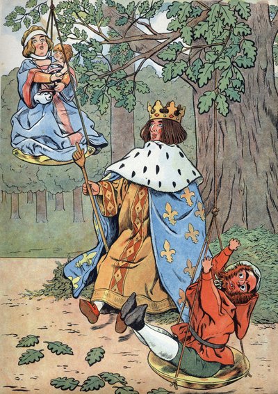 Geschichte Frankreichs. Szene aus dem Leben von Saint Louis mit Spielzeug: König Ludwig IX., bekannt als Saint Louis (1214-1270), spricht Recht unter einer Eiche. In „Joujoux à l