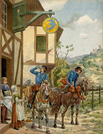 Geschichte Frankreichs im Mittelalter: Postdienst unter der Herrschaft von König Ludwig XI. genannt der Kluge (1423-1483). Poststation zu Pferd an einem Gasthaus. Illustration von Jacques Marie Gaston Onfray de Bréville dit JOB (1858-1931) von pseudonym for Onfray de Breville Jacques Job
