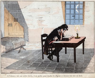 In Valencia (Gefängnis) nutzt Napoleon die Gelegenheit, das Digest zu studieren und sich im Recht zu stärken - Lithographie von Job (Jacques Onfroy de Breville) aus Le Grand Napoleon des Petites Enfants von pseudonym for Onfray de Breville Jacques Job
