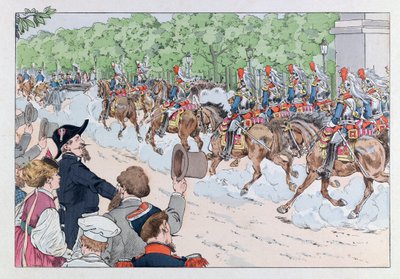 Illustration aus dem Buch „Les épées de France“: Eskorte von Kaiser Napoleon III. auf den Champs-Élysées von pseudonym for Onfray de Breville Jacques Job